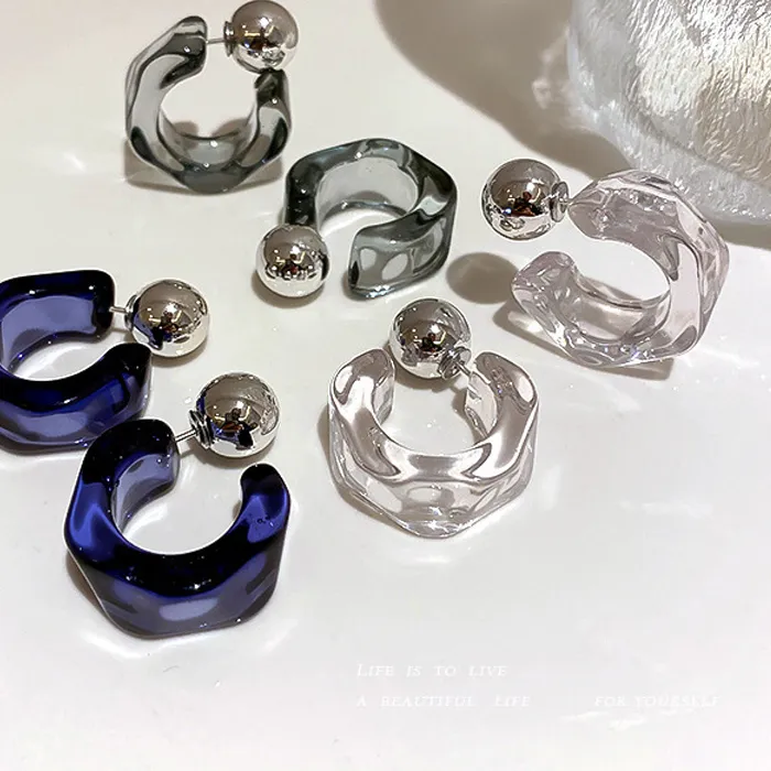 Authentic Acrylic C Shape Earrings for Women Metal Bean Double Layer Drop Earrings Party Trendy Jewelry White Blue Grey