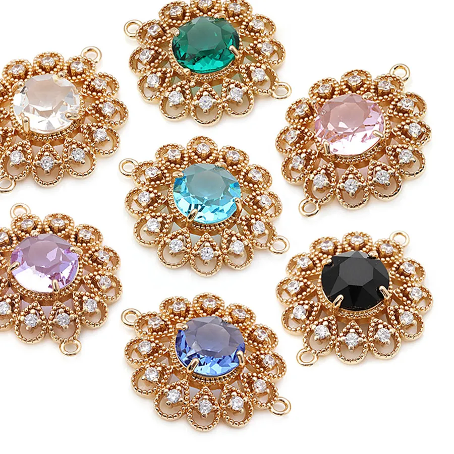 Authentic 4PCS Brass Zircon 2 Holes Round Flower Connect Charms Pendants Necklace Earrings Jewelry Accessories Rosediy Official Website