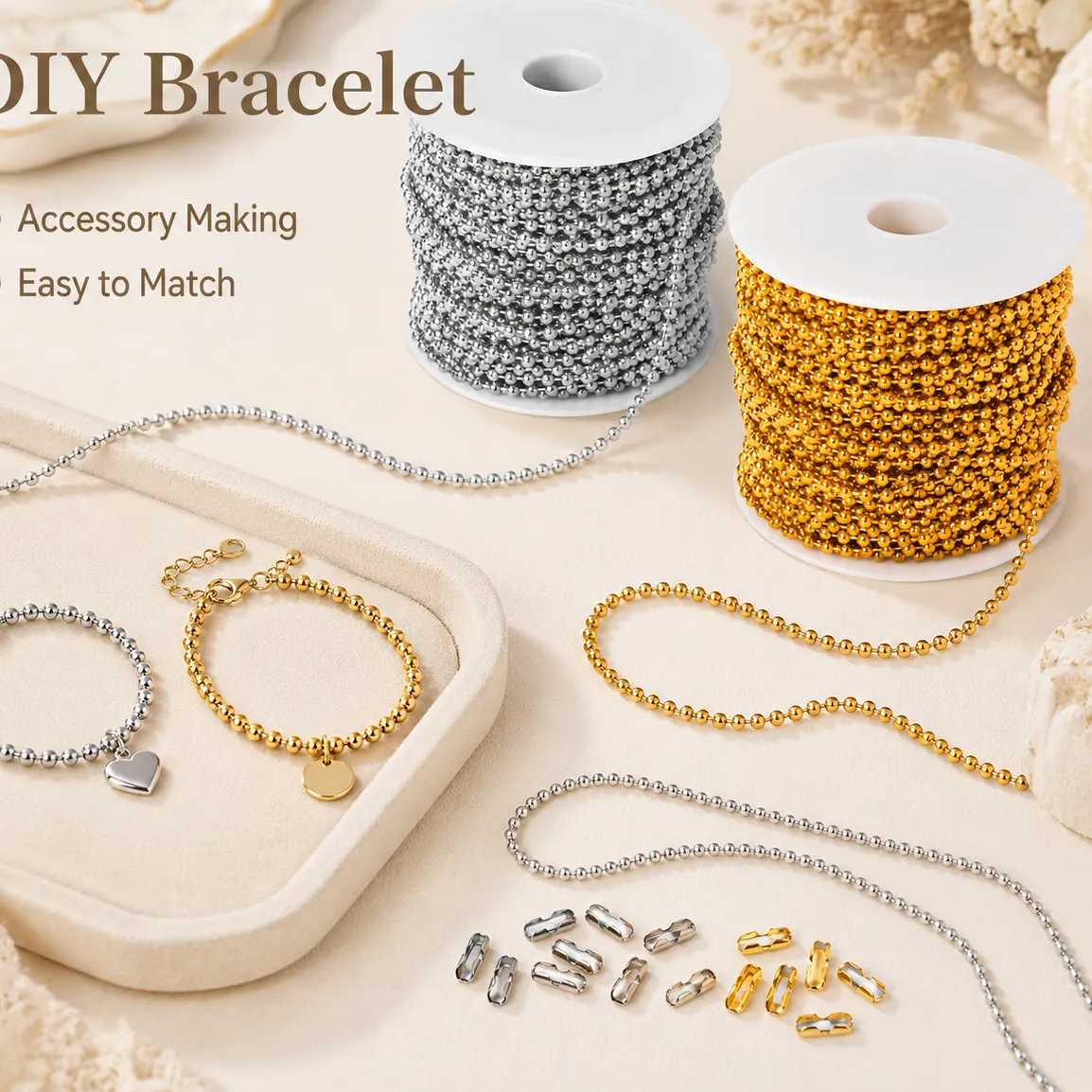 Authentic 1Roll 10M 2mm Ball Chain With 20Pcs Connector Clasps Beaded Chains DIY Jewelry Making Necklace Pendant Keychain Accessories