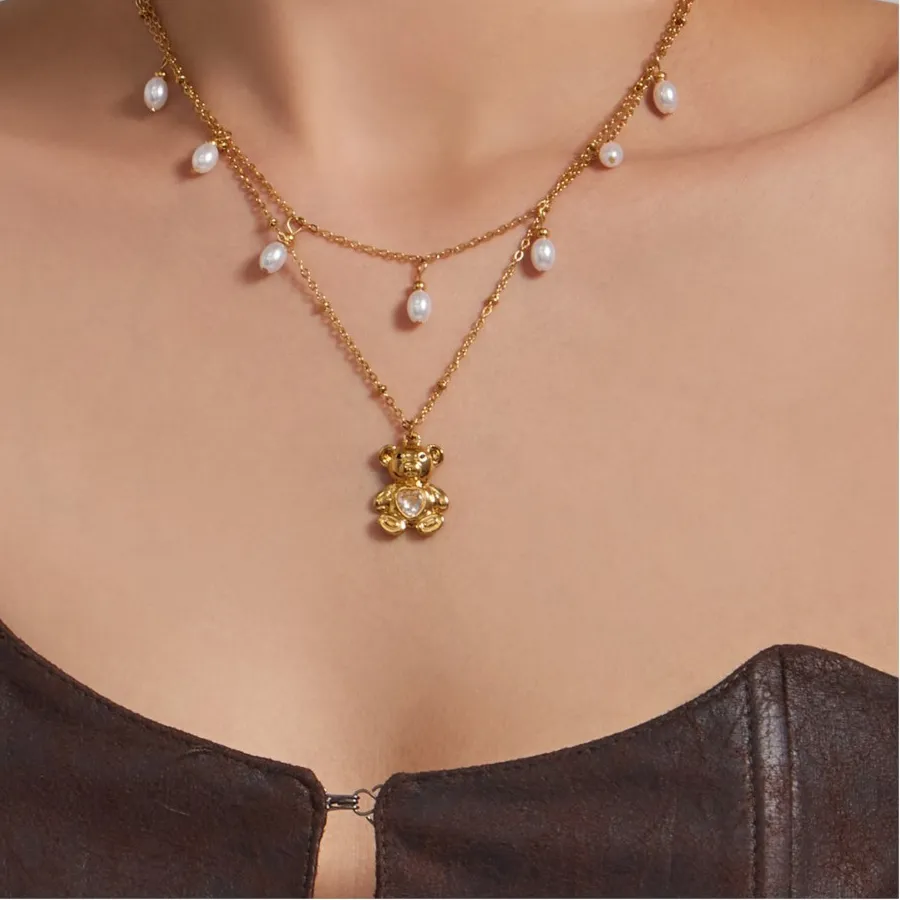 Authentic 316L 18K Gold Plated Necklace Cute Bear Heart Zircon Pendant For Women Trend Waterproof Fadeless Jewelry