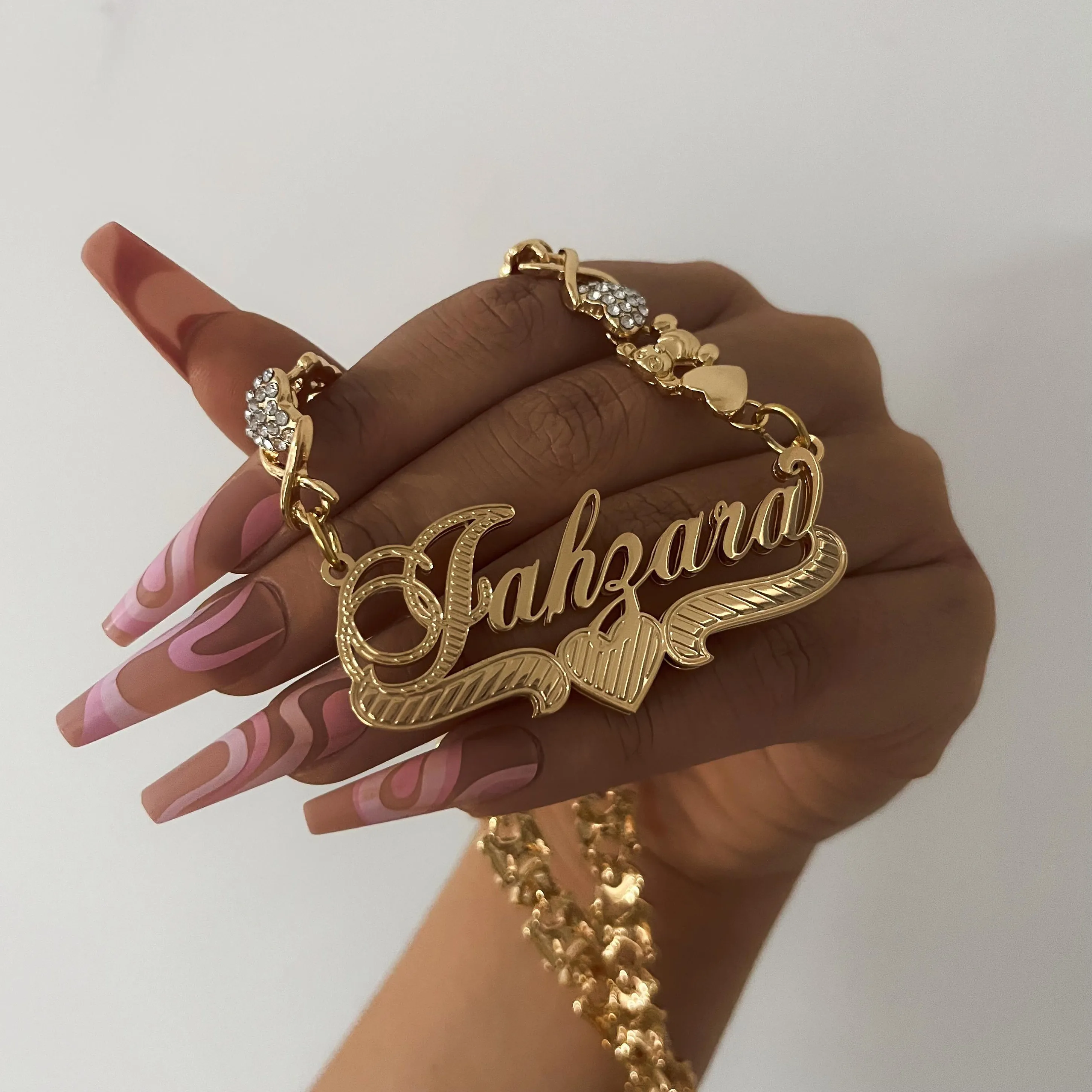 Authentic Teddy Bear Chain Name Necklace 18K Gold Plated Double Nameplate Custom Personalized Jewelry for Women Valentine's Day Gifts