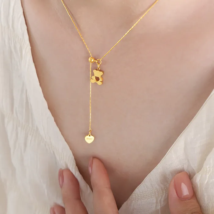 Authentic 18K Gold-Plated Adjustable Necklace Hollow Bear Heart Pendant Color-Resistant Lovely Sweet Jewelry
