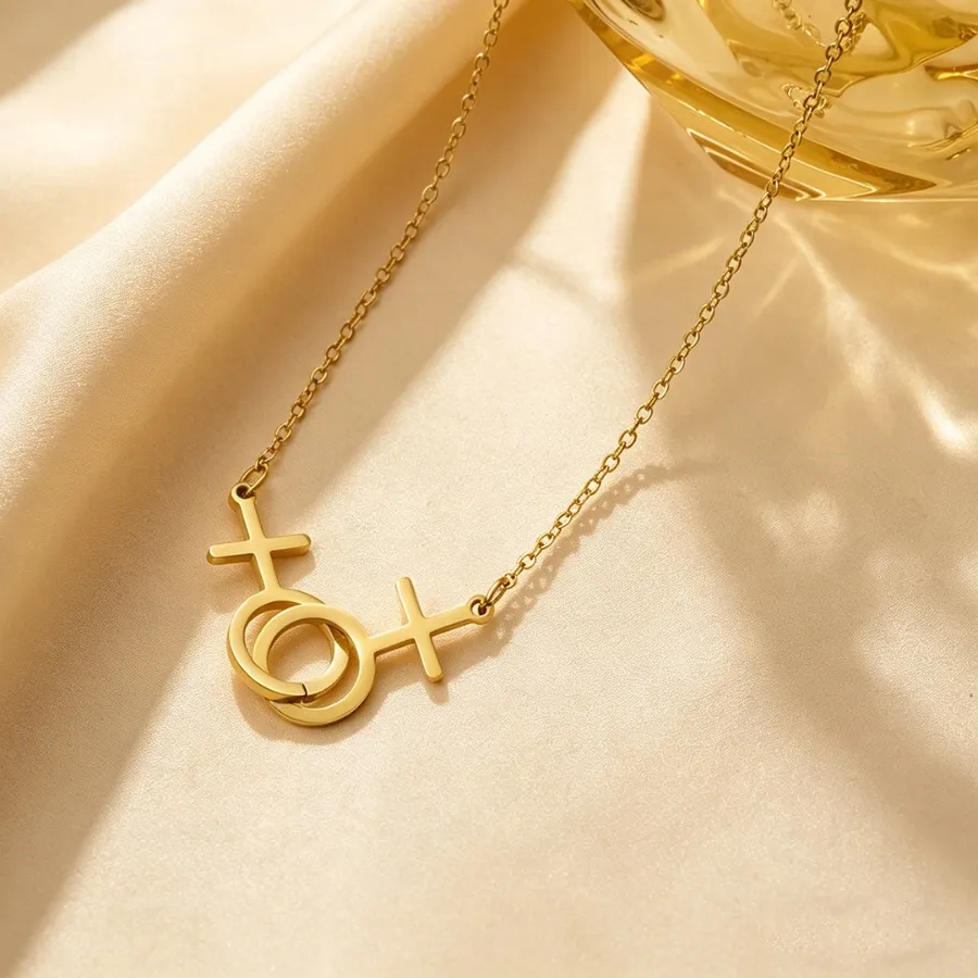 Authentic Double Venus Interlocking Couple Symbol Pendant Necklace Clavicle Chain Jewelry