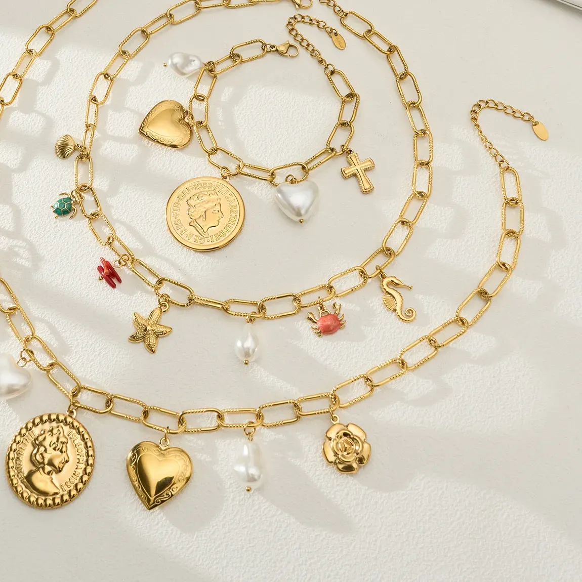 Authentic Heart Avatar Retro Imitation Pearl Women Necklace And Bracelet 316L 18K Gold Plated Fadeless Jewelry
