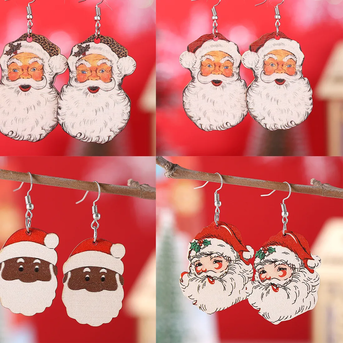 Authentic Amazon cross-border new Christmas white beard Santa pendant earrings Christmas wooden double-sided earrings