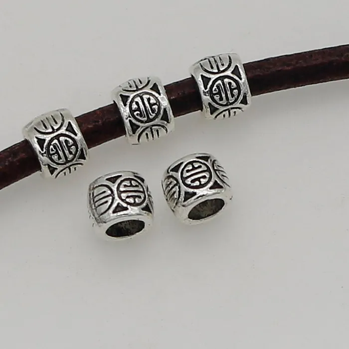 Authentic 50pcs/Lot Vintage Fortune Pattern Antique Silver Color Loose Beads Big Hole Decoration Beards/Wig Hair Space Beads DIY Jewelrys