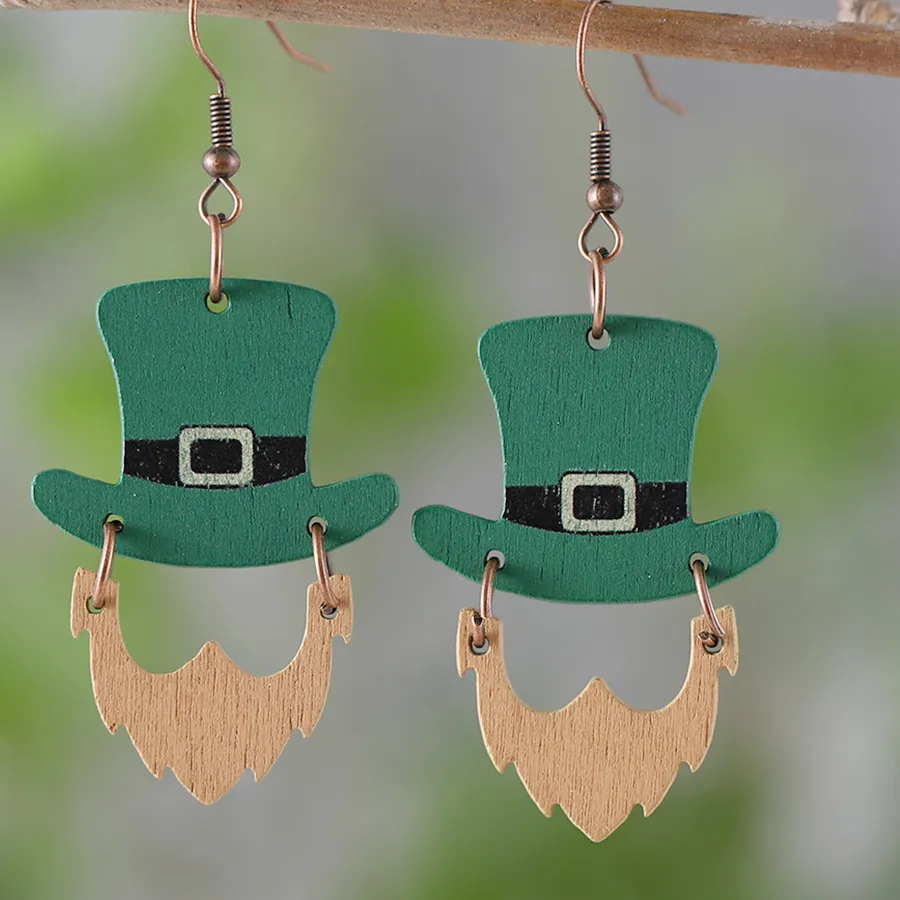 Authentic St. Patrick's Day Green Hat Beard Splicing Pendant Pendant Earrings Wooden Double Sided Earrings