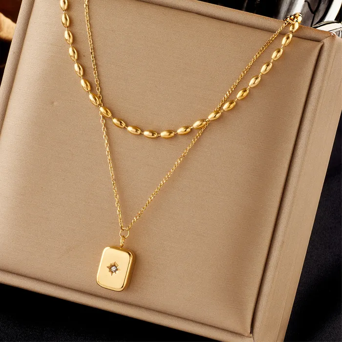 Authentic 316L Double Layer Square Bearded Star Pendant Necklace Temperament Jewelry Accessory
