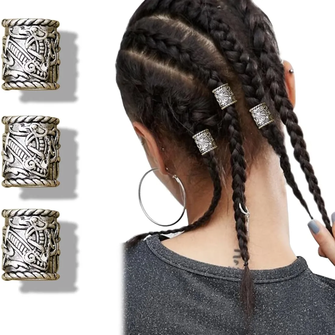 Authentic 3x Norse Viking Pirate Hole Beard Bead Dreadlocks Ring Hair Braid Metal Tubes Clip Pin Dwarven Jewelry Headband Accessories