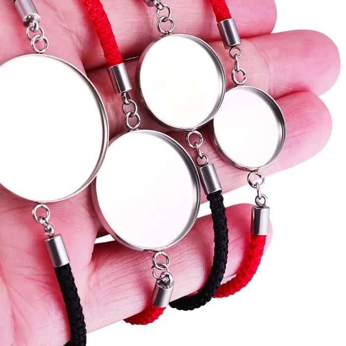 Authentic 4pcs/lot 18-30mm Cabochon Bracelet Base With Red Black Braided Rope Bracelets For DIY Jewelry Making Accessorise