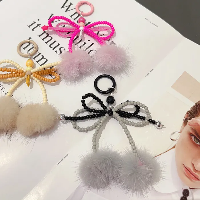 Authentic Original Autumn/Winter Bow Hairball Mobile Chain Little Red Book Mobile Rope Digital Hanging Rope Creative Pendant