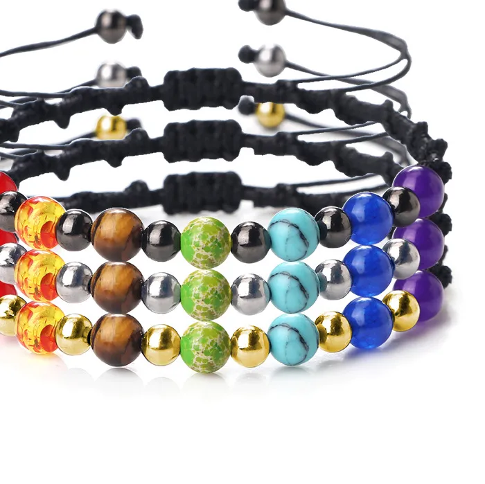 Authentic 12pcs Reiki 7 Chakra Natural Stone Rope Braided Yoga Healing Bracelets Gold Color Copper BeadsBangles Meditation Jewelry