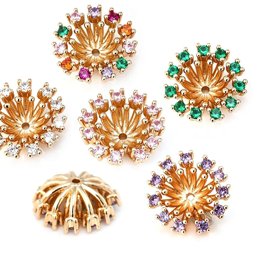 Authentic 18K Gold Color and Zircon Flower Shape Beads Caps High Quality Diy Necklace Earrings Jewelry Making Accessories