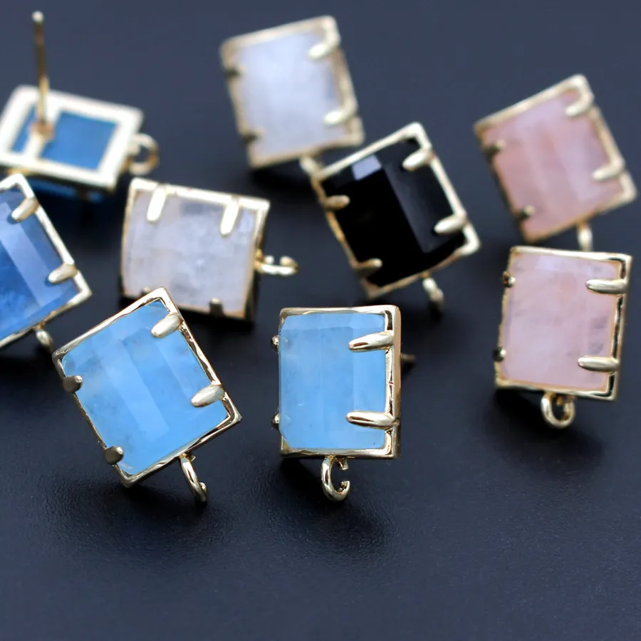 Authentic 6pair Colored Rectangle Stone Ear Posts Studs White Quartz Black Blue Stone Earring with Open Loops Connectors DIY Jewelry
