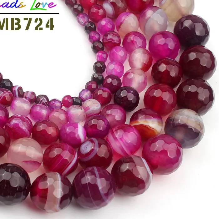 Authentic Natural Stone Faceted Fuchsia Striated Agates Onyx Round Loose Beads for Jewelry Making Diy Bracelet Necklace Wholesale 15 Inch