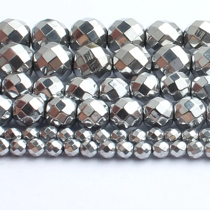 Authentic 2/3/4/6/8/10mm Natural Silver-Plated Faceted Hematite Stone Beads Round loose Spacer Beads For Jewellery Making Bracelet 15 inch