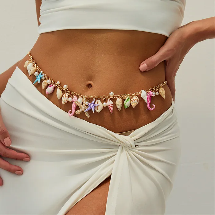 Authentic Boho Starfish Shell Pendant Waist Chain for Women Trendy Pearl Seahorse Beaded Waist Link Bikini Belly Chain Body Jewelry