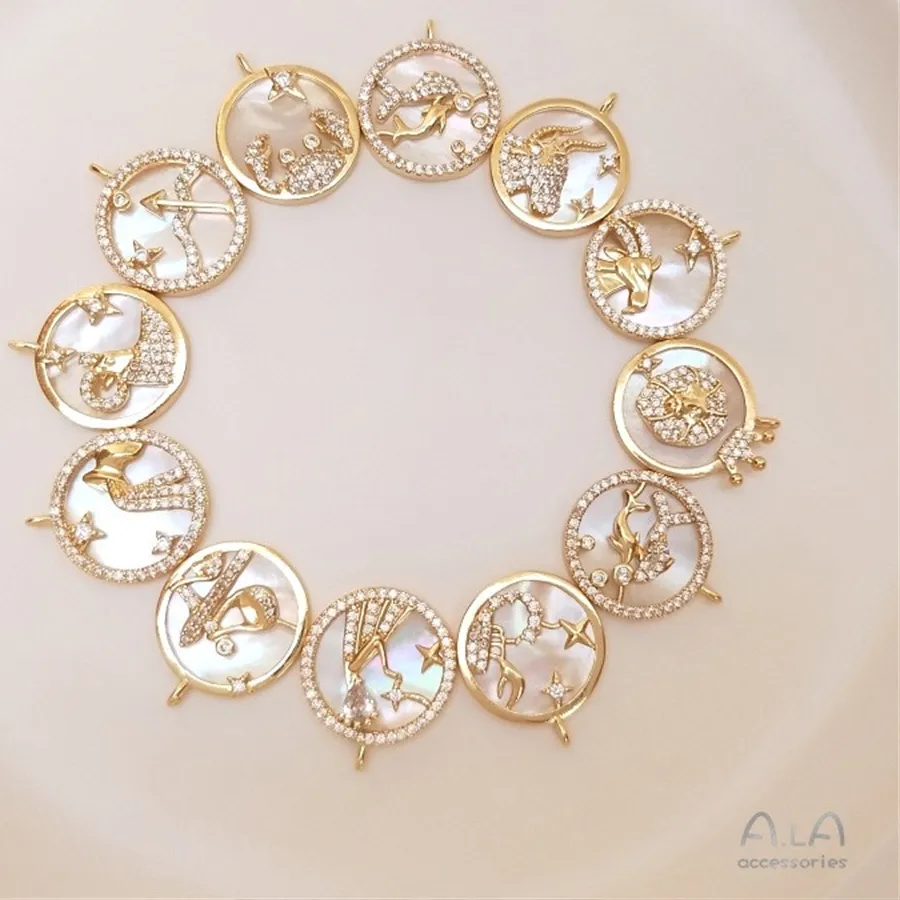 Authentic 14K Coated Real Gold 12 Zodiac Sign Necklace Pendant Micro Inlaid Zircon Sea Color Shell Premium Diy Pendant K090