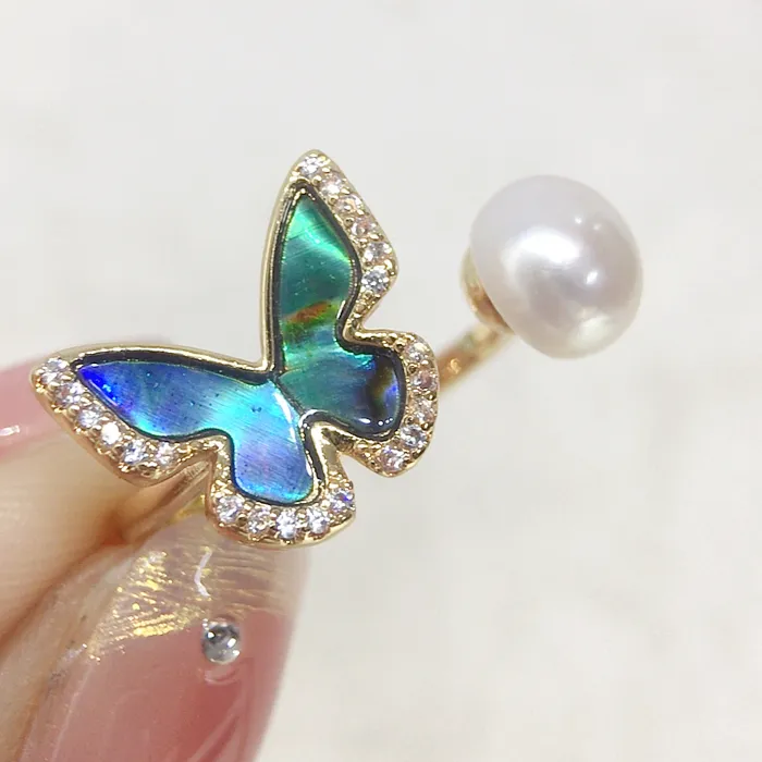 Authentic ZHBORUINI 2025 Freshwater Pearl Open Adjustable Ring 8-8.5mm Butterfly Abalone Shell Exquisite Simple Jewelry