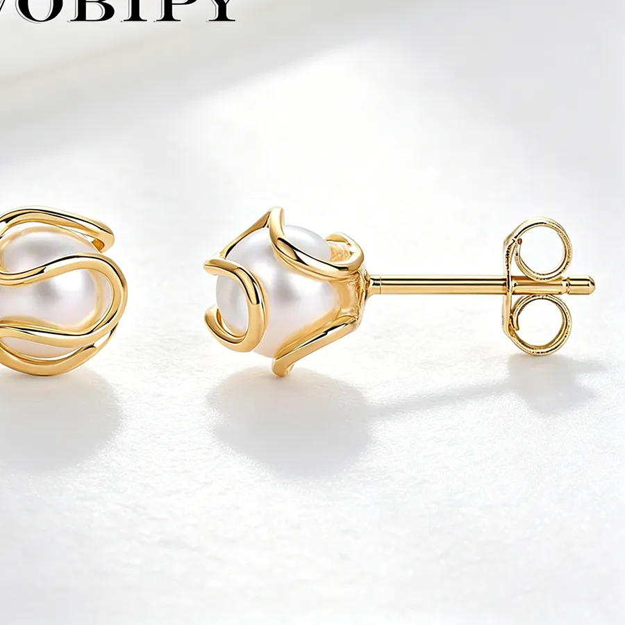 Authentic VOBIPY 14K Gold Plated Pearl Stud Earrings For Women Girl 8mm Shell Pearl Trendy Caged Earring For Wedding Jewelry