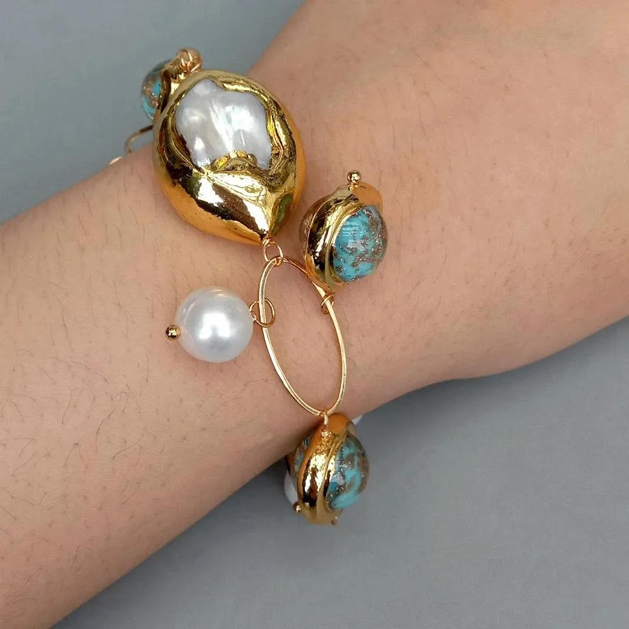Authentic KKGEM 16mm Blue Murano Glass Gold Plated 22x32mm Mother Of Pearl Shell Cultured Pearl  Bracelet Women Jewelry Gift