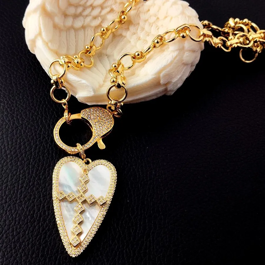 Authentic YYGEM 31x45mm Natural White Sea Shell Heart Crucifix Pendant Choker Chain Necklace Jewelry For Lovers