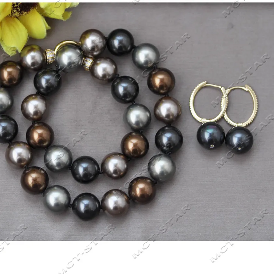 Authentic Z14035 Set 17'' 14mm Coffee Black Champagne Round South Sea Shell Pearl Necklace Dangle Earring CZ