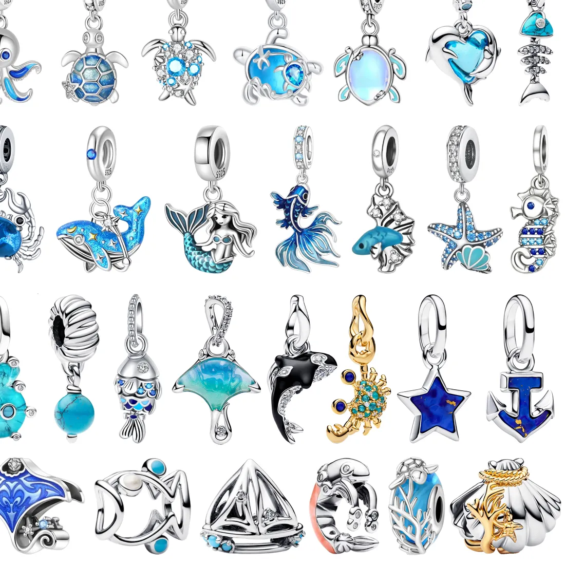 Authentic 925 Sterling Silver Charms Ocean Fish Shell Sea Turtle Starfish Whale Beads Pendant Bracelet Necklace Women DIY Jewelry