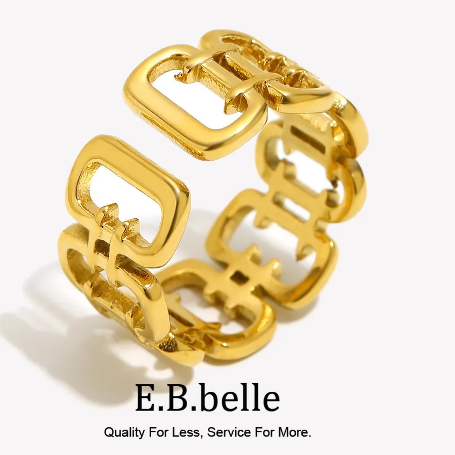 Authentic E.B.belle New Deisgn Women's Wide Facted Fence Open Size Ring 18K Gold Plated Stainless Steel Fashion Jewelry Gifts