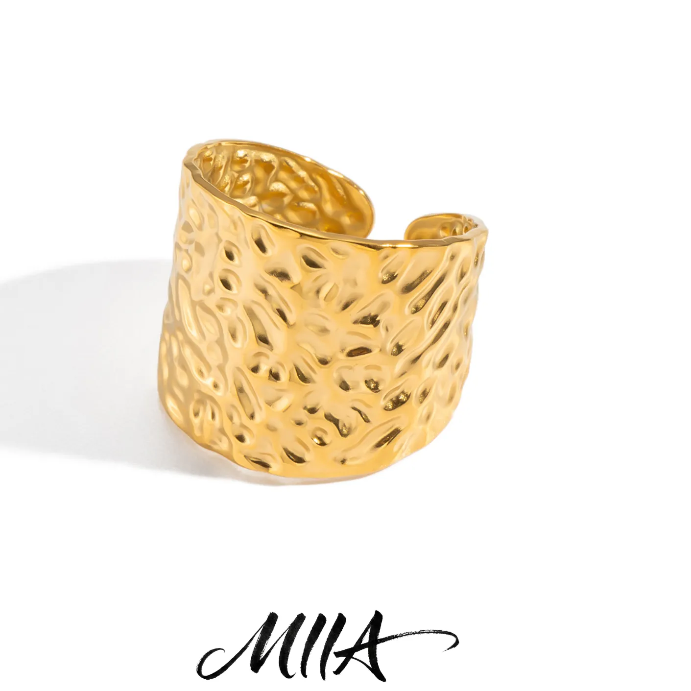 Authentic Miia Jewelry 18K Gold Plated Hammered Open Ring Stainless Steel Wide Band Adjustable Textured Finger Jewelry for Women