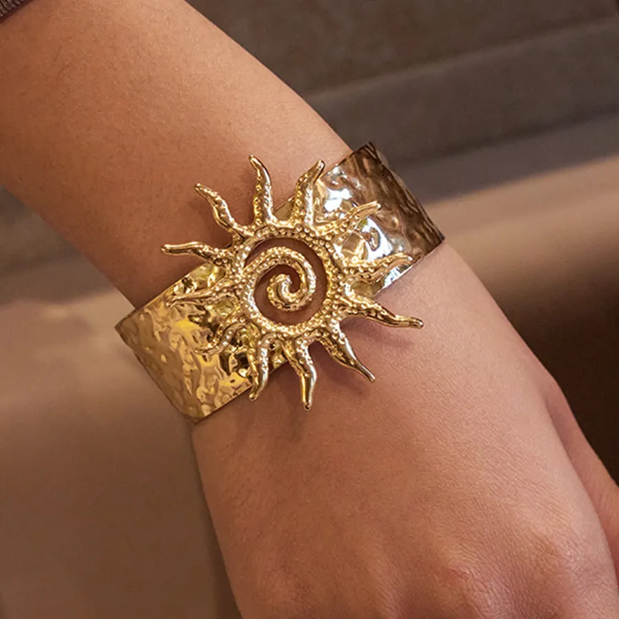 Authentic YHTOT Fashion 18K Gold Plated Stainless Steel Wide Face Sun Bracelet Adjustable Opening Bracelet Women's Jewelry Party Gift
