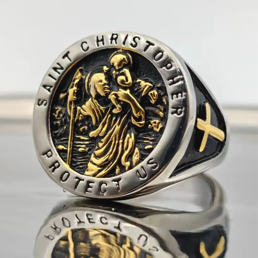 Authentic Golden Cross Solid Ring 316L Stainless Steel Jewelry Saint Christopher Protect Us Rings