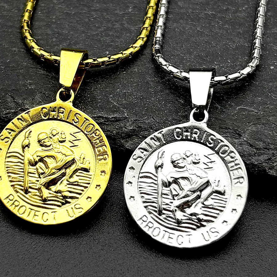 Authentic Saint Christopher Protect Us Pendant Necklace for Women Men Gold Color Catholic Religious Amulet Chain Jewelry