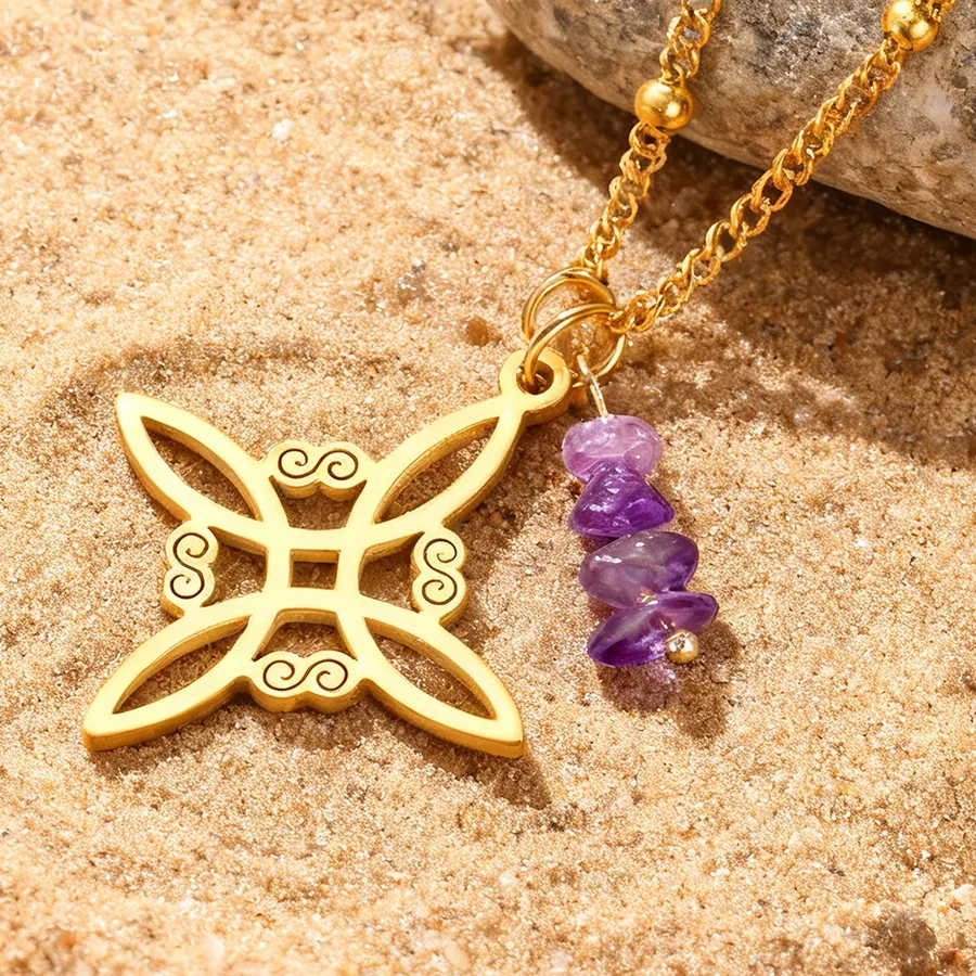 Authentic Dawapara Witches Knot Necklace Spiritual Amethyst Protective Necklace Stainless Steel Celtics Knot Good Luck Amulet