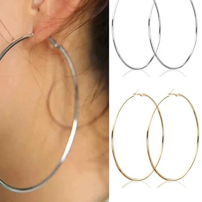 Authentic 2pcs 30-100mm Small Big Circle Hoop Earrings for Women Men, Stainless Steel Ear Ring Fashion Jewelry Gift Nightclub DJ