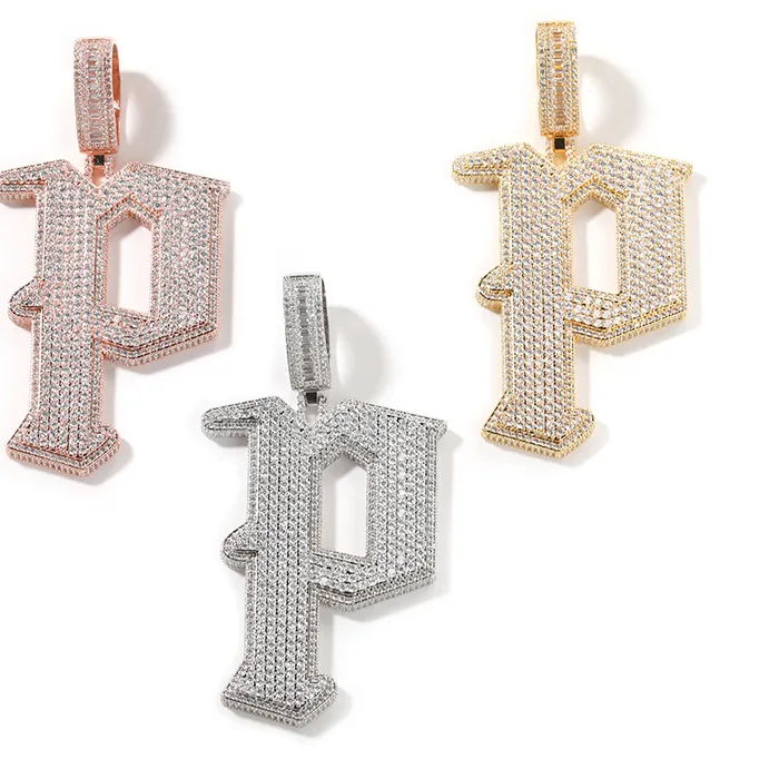 Authentic Hip Hop 5A+ Cubic Zirconia Bling Iced Out Big Letter P Pendants Necklaces for Men Rapper Jewelry Rose Gold Silver Color