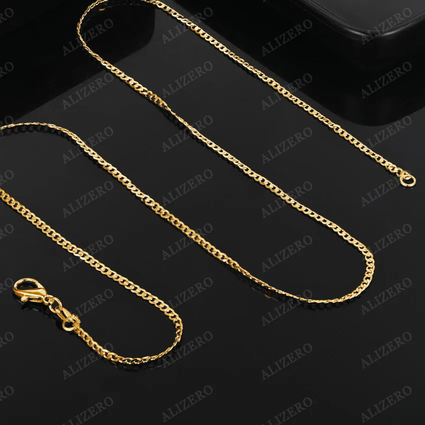 Authentic ALIZERO 18K Gold Exquisite 2mm Flat Chain Necklaces 16/18/20/22/24/26/28/30 Inches Women Men Fine Jewelry