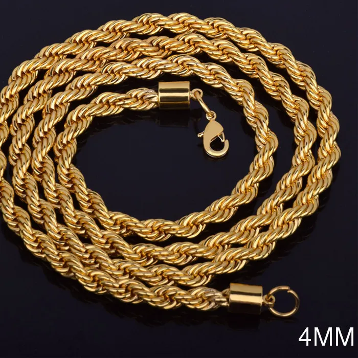 Authentic 2024 Hot Sale Retail Long Gold-Color Man Necklace 4mm 16,18,20,22,24,26,28,30 Inch Twist Rope Chain Jewelry Accesory