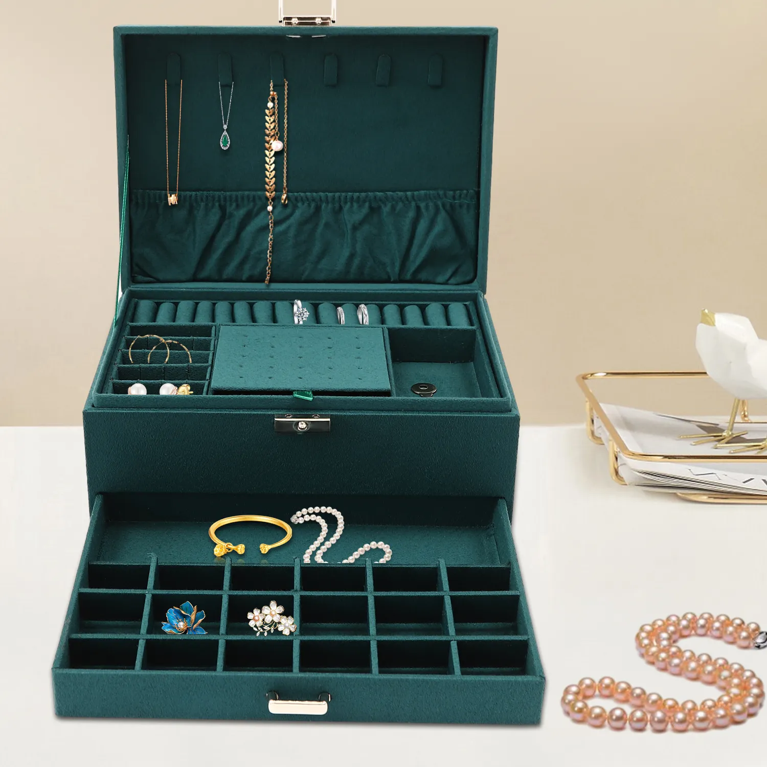 Authentic 3-Tier Dark Green Jewelry Box Organizer with 15 Ring Slots 10 Earring Hooks 18 Stud Holes Drawers for Necklace Bracelet Watch