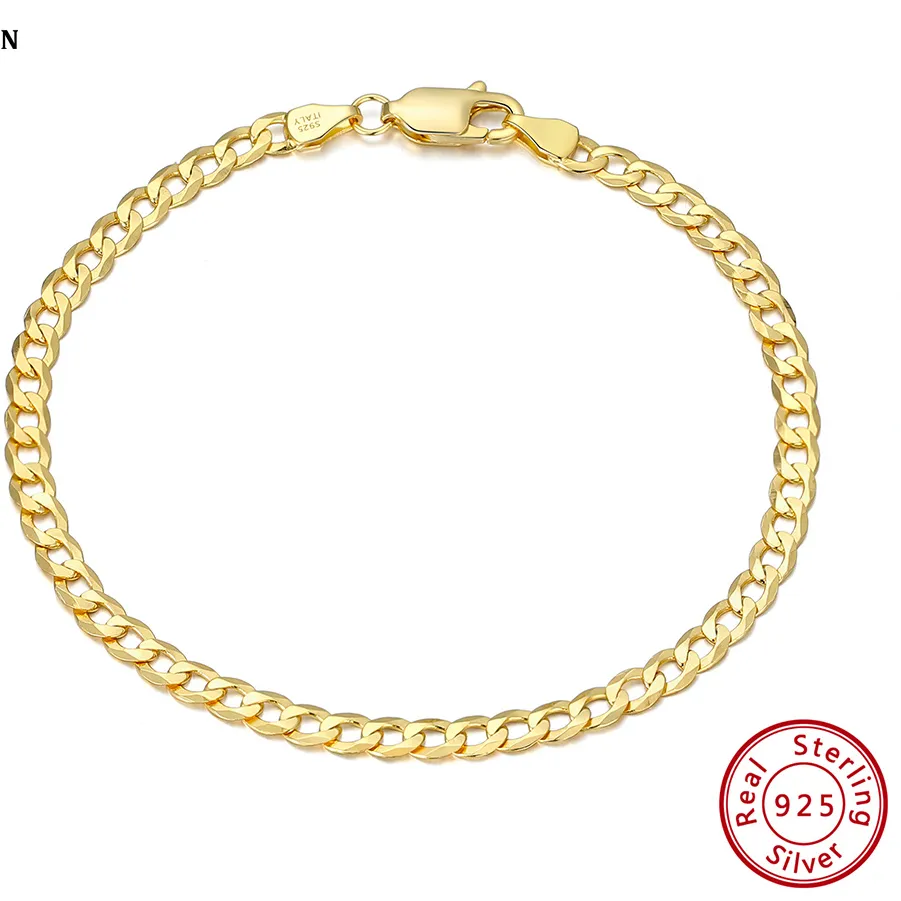 Authentic Rinntin 18K Gold Over 925 Sterling Silver 3mm Italian Cuban Chain Bracelet for Women Men Trendy Silver Bracelet Jewelry SB123