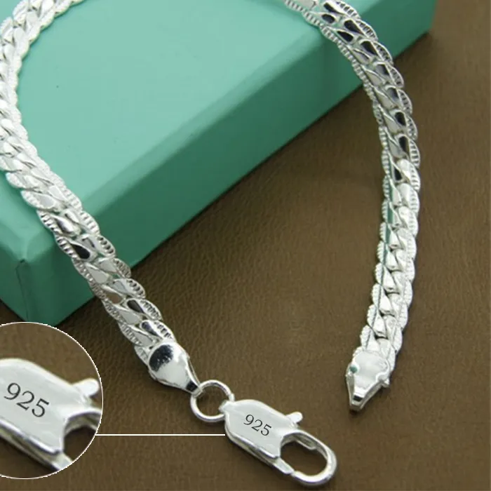 Authentic DOTEFFIL 925 Silver Bracelet 6mm 18/19/20cm Flat Side Chain Lobster Clasp For Woman Man Wedding Engagement Jewelry