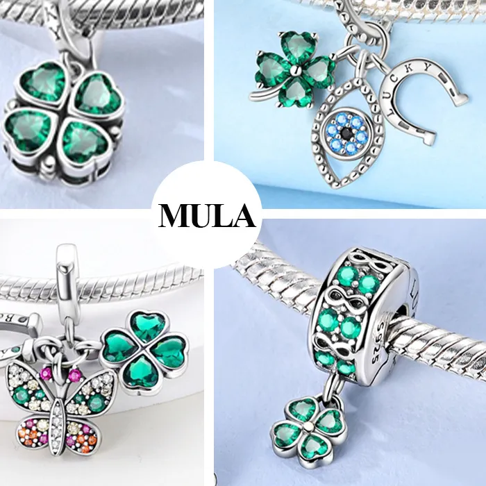 Authentic Enchanted Luck Charm Bead – 925 Silver Four‑Leaf Clover, Azure Eye & Horseshoe Talisman for Women’s Bracelet