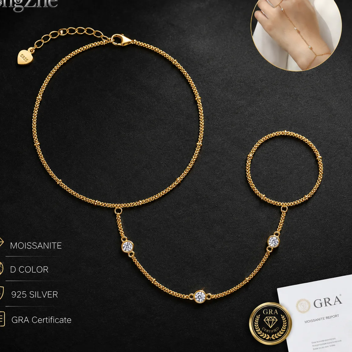 Authentic S925 Silver Moissanite Ring Bracelet 3 Stones 18+3cm Gold Plated Hand Chain for Women Daily Wear Party Fine Jewelry
