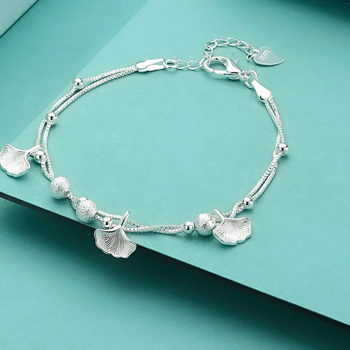 Authentic 925 Sterling Silver Fan Double Chain Bracelets Designer Jewelry
