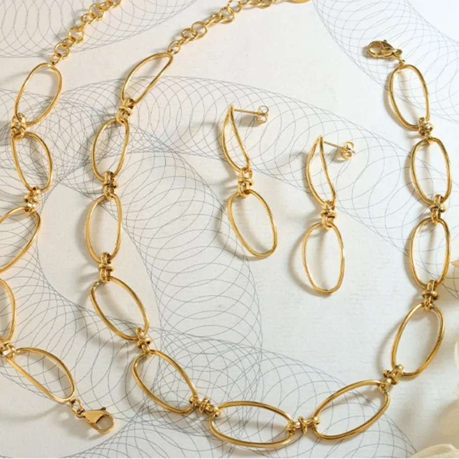 Authentic Link Chain Necklace Bracelet Earrings for Women 18k Gold Plated Stainless Steel Necklaces Choker Bracelets Earrings Jewelry Sets