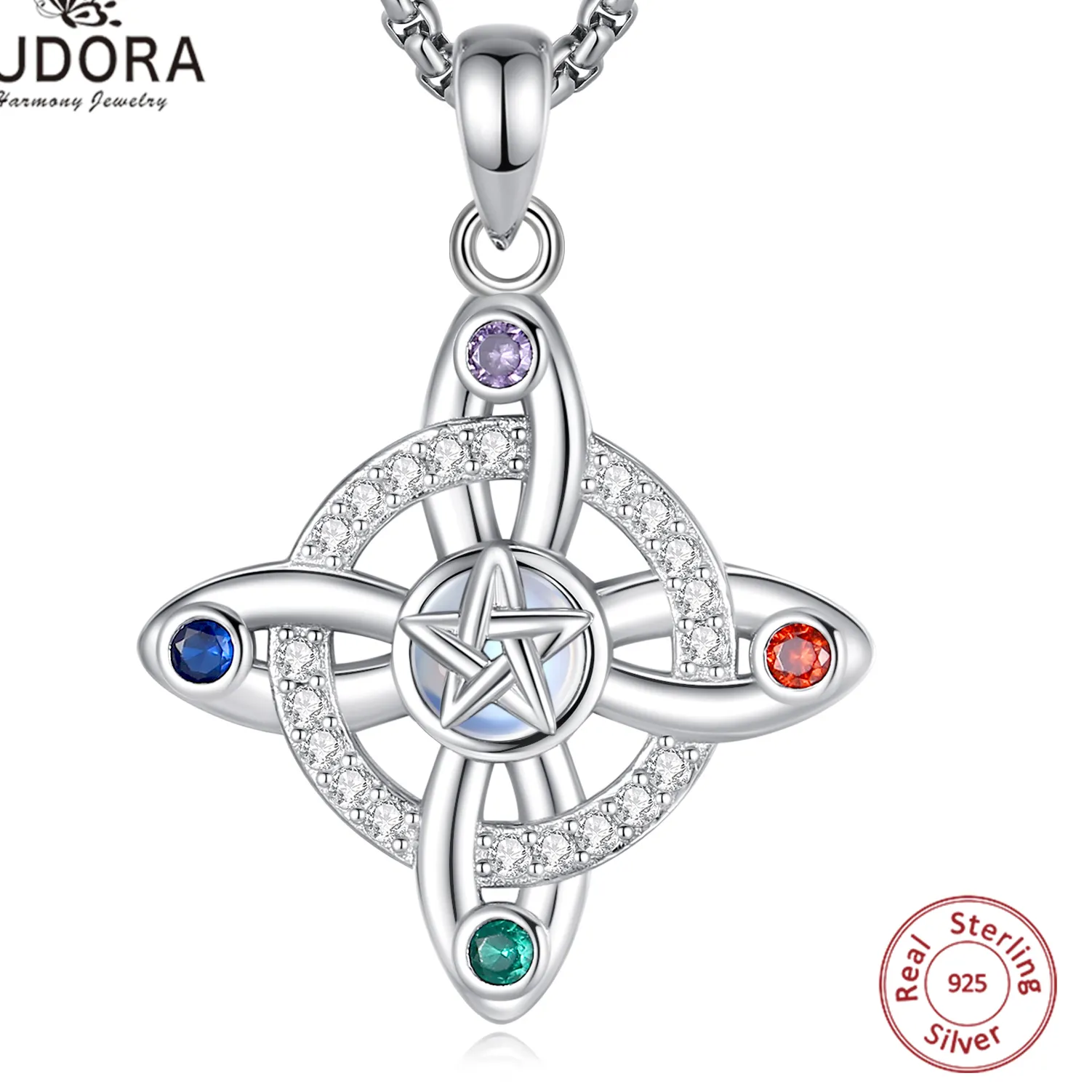 Authentic Eudora Nudo de Bruja Plata 925 Witches Knot Necklace Moonstone Pentagram Amulet Pendant Wicca Spiritual Jewelry for Women