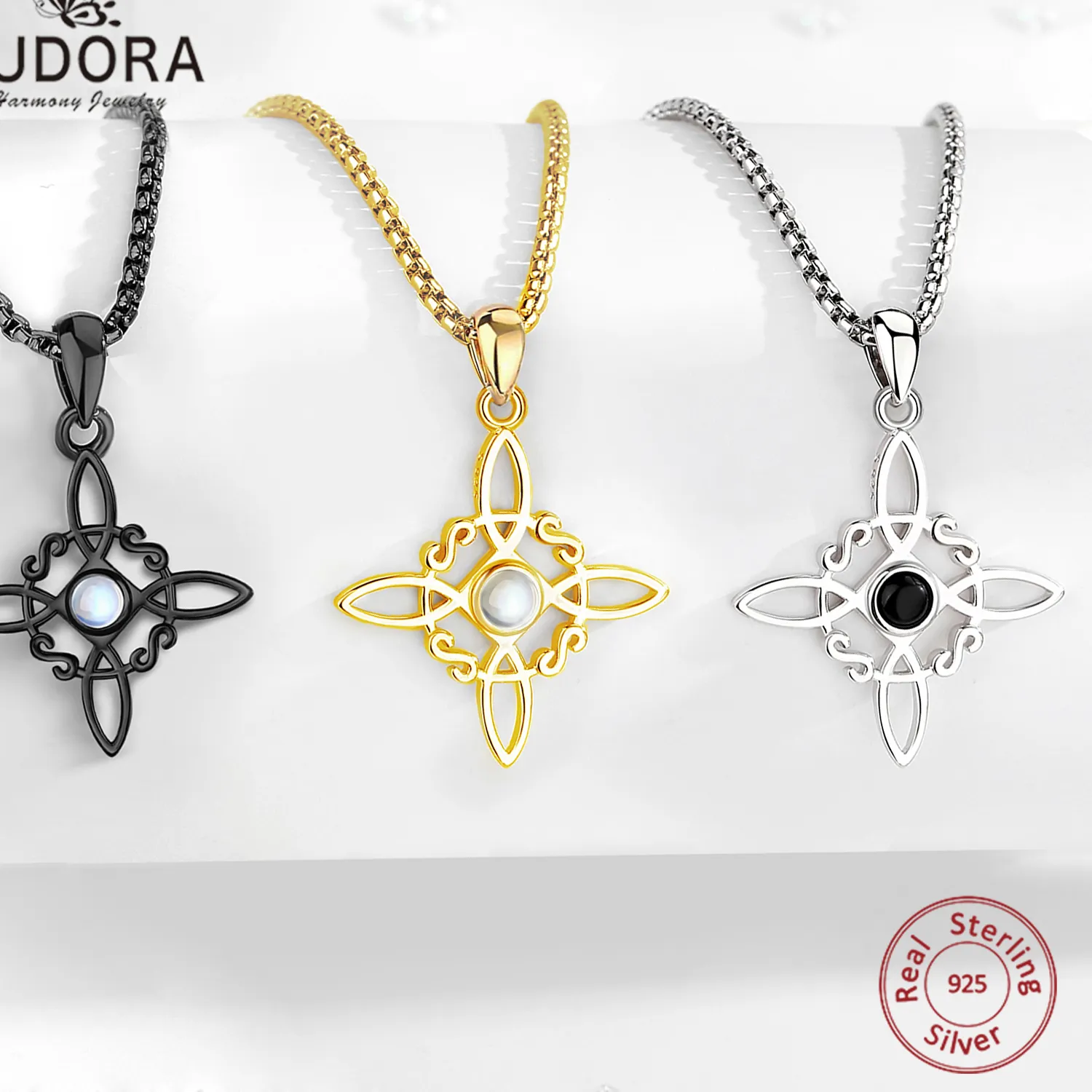 Authentic Eudora Nudo de Bruja Plata 925 Witches Knot Necklace Obsidian Celtic Knot Amulet Pendant Moonstone Wicca Jewelry for Women