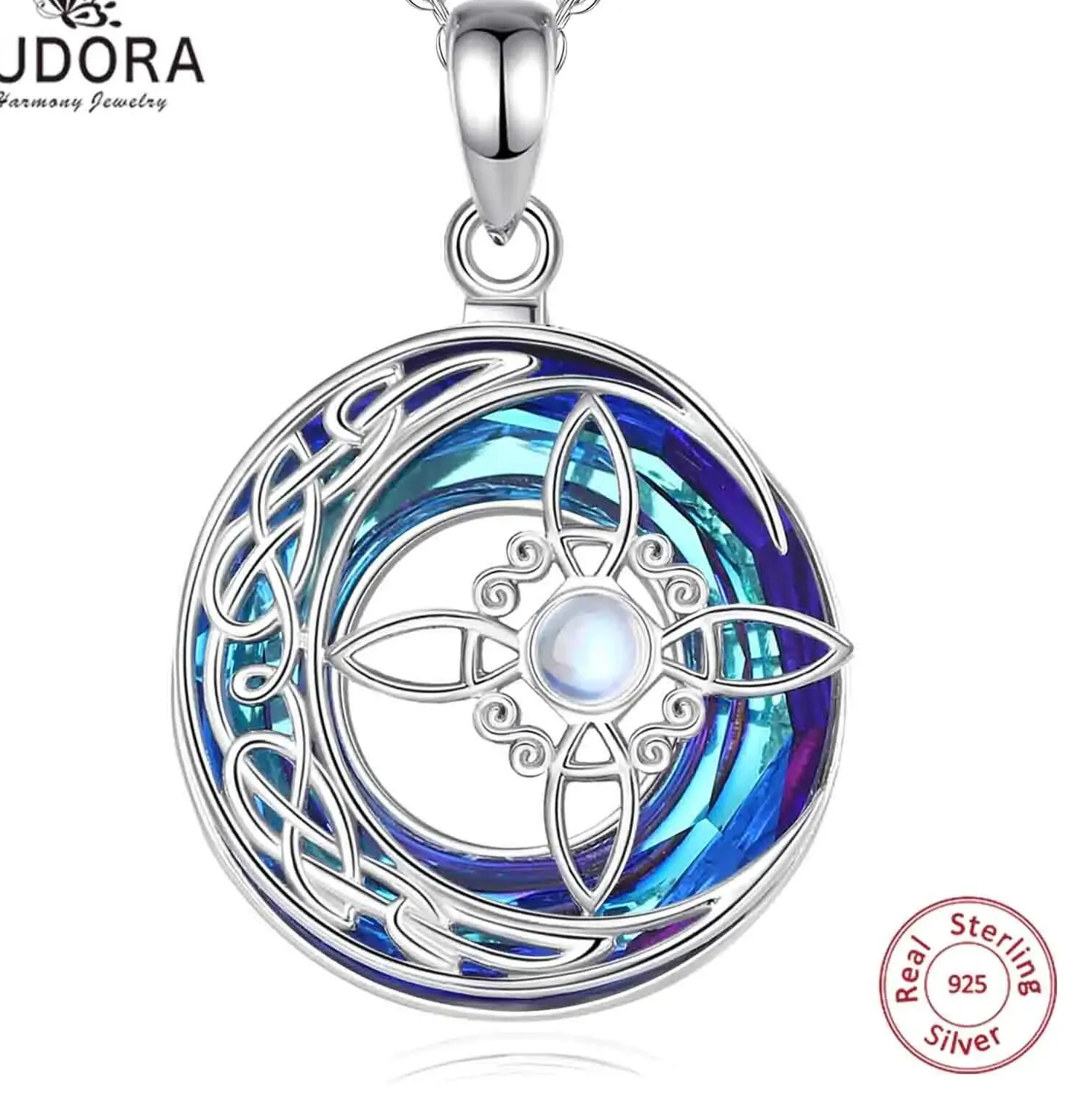 Authentic Eudora 925 Sterling Silver Witch Knot Necklace Austrian Crystal Moonstone Knot Amulet Necklaces Witchcraft Jewelry for Men Women