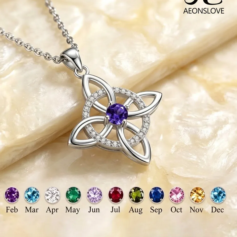 Authentic AEONSLOVE 925 Sterling Silver Birthstone Witches Knot Necklace for Women Celtic Knot Zircon Pendant Amulet Wicca Jewelry Gifts