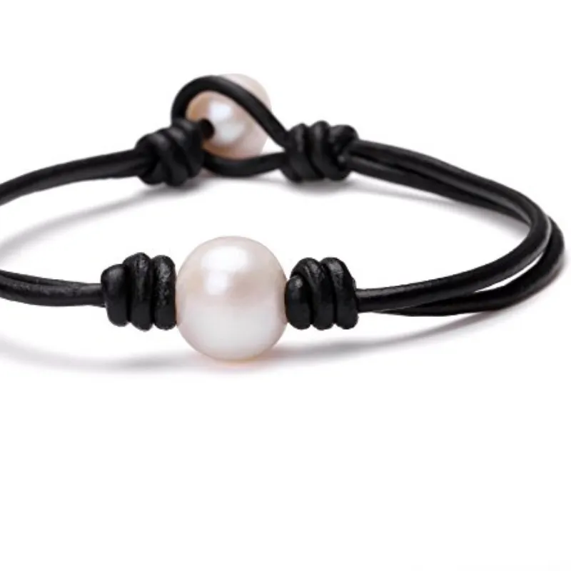 Authentic Quality Assurance Aobei Pearl Single Cultured Freshwater Pearl Bracelet Handmade Leather Pearl Jewelry for Women 7''